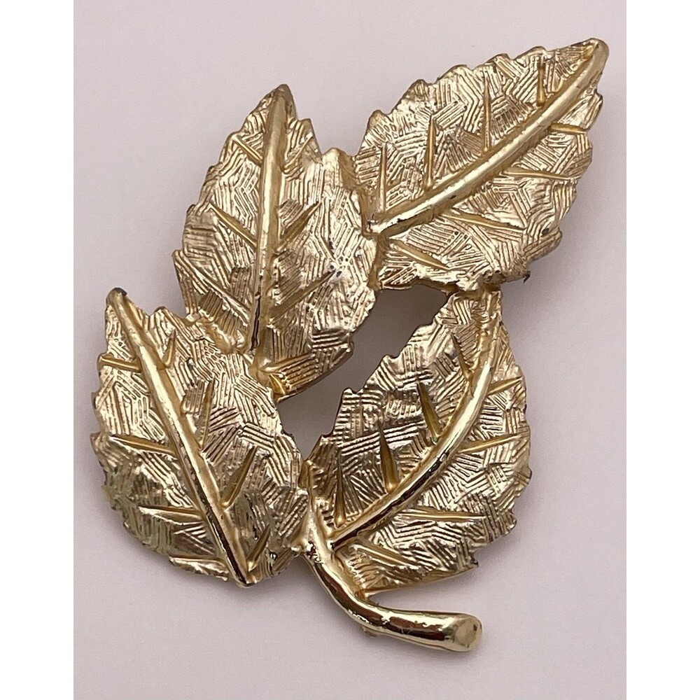 Vintage Four Leaf Brushed Gold Tone Fall Autumn Brooch Pin